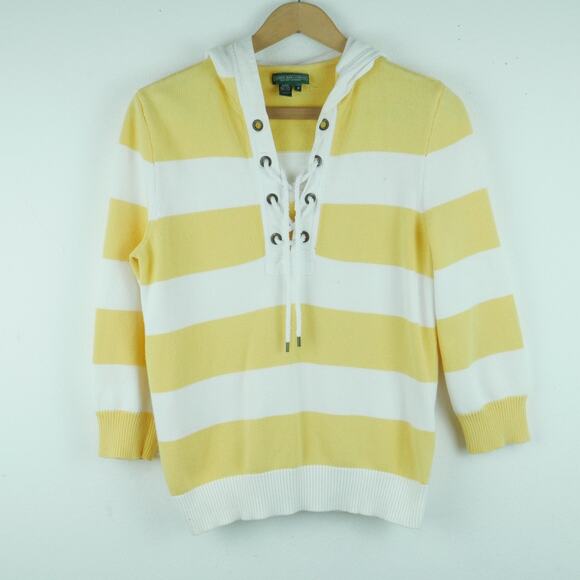 Ralph Lauren Medium Sweater Nautical Stripe Hooded Butter Yellow Preppy Coastal - Picture 1 of 10